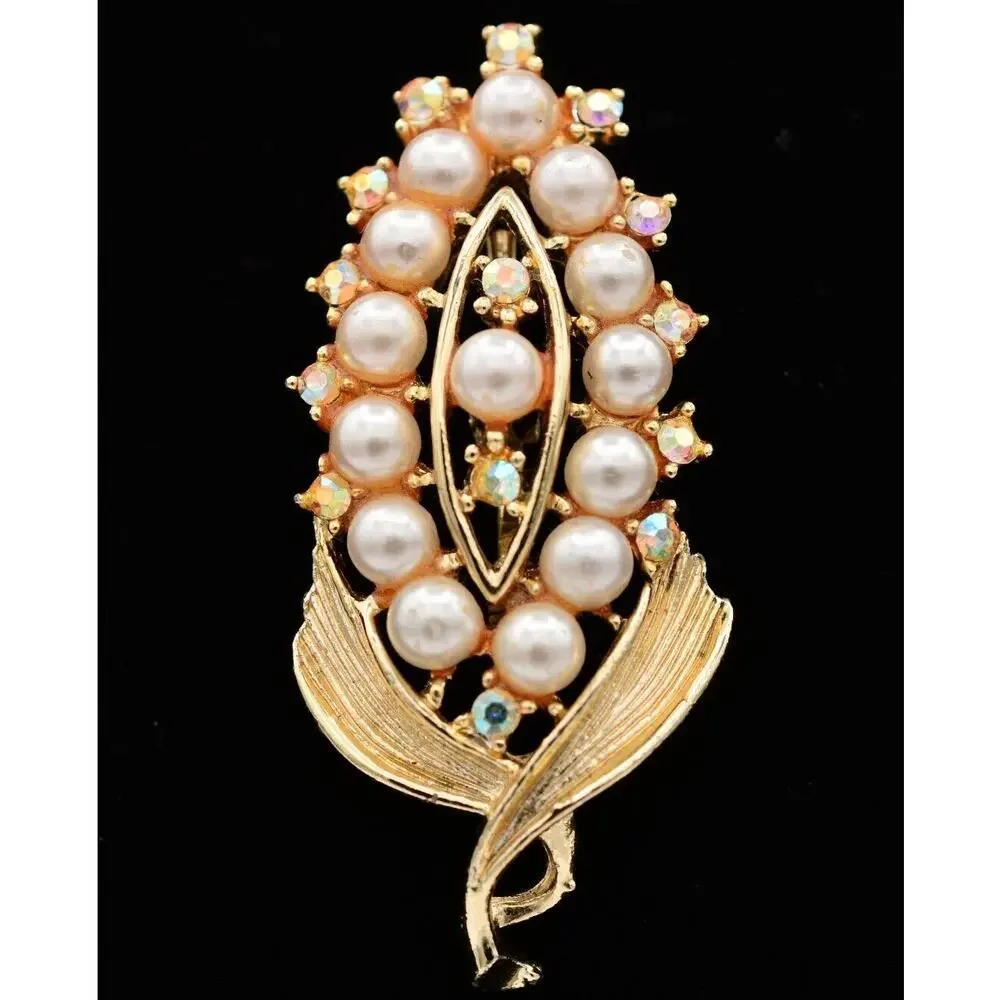 Vintage Flower Pin Brooch Corn Gold Aurora Borealis Rhinestone Crystal 60s BinAT
